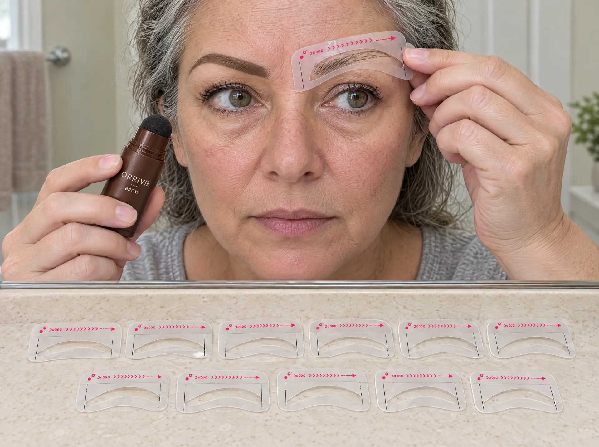 Holding a stencil card on the brow in the mirror